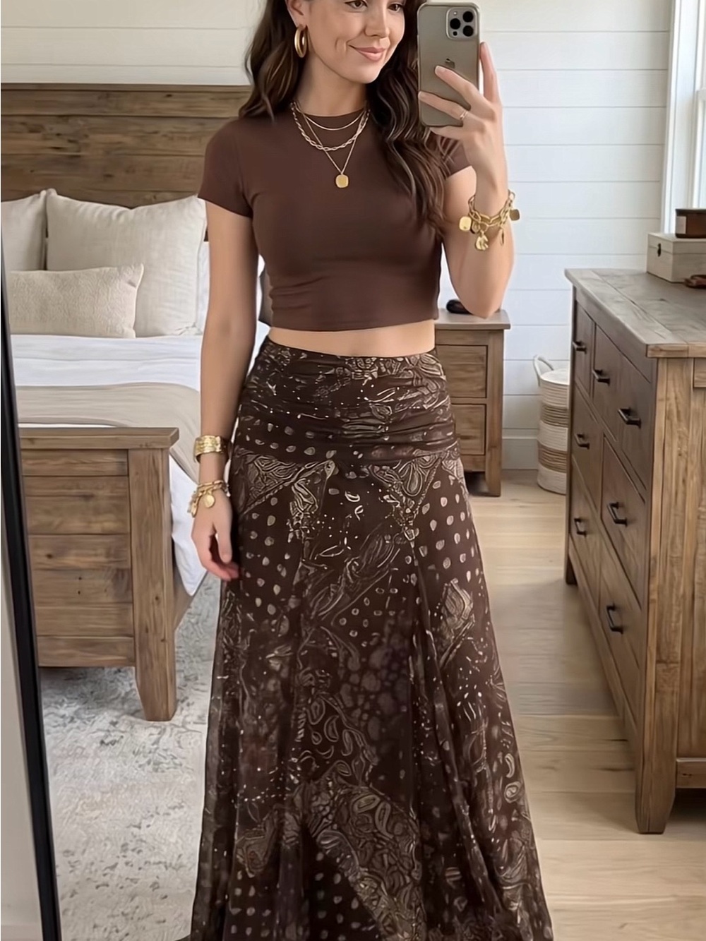 Women’s Brown Paisley Maxi Skirt — Flowy High-Rise Style L